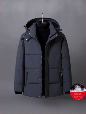 Férfi téli kapucnis kabát, 260 g pehelytöltéssel, közepes hosszúságú, cipzár