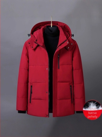 Férfi téli kapucnis kabát, 260 g pehelytöltéssel, közepes hosszúságú, cipzár