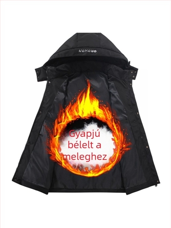 Férfi téli kapucnis kabát, 260 g pehelytöltéssel, közepes hosszúságú, cipzár
