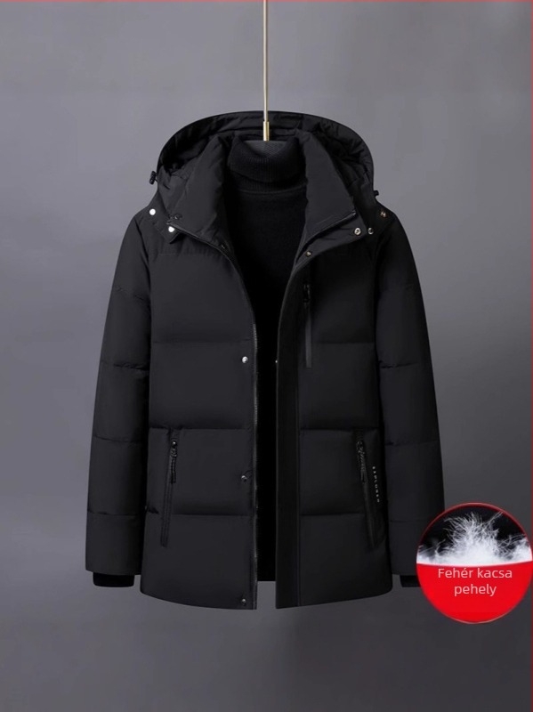 Férfi téli kapucnis kabát, 260 g pehelytöltéssel, közepes hosszúságú, cipzár
