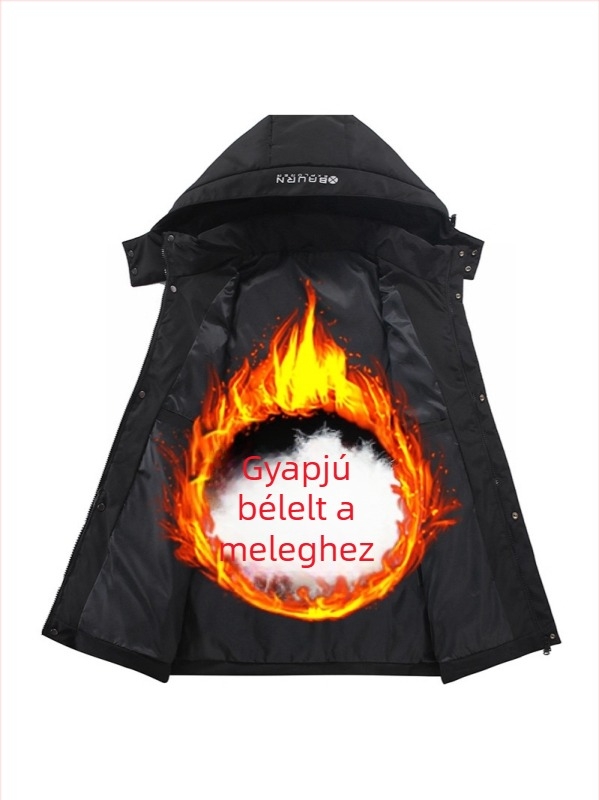 Férfi téli kapucnis kabát, 260 g pehelytöltéssel, közepes hosszúságú, cipzár