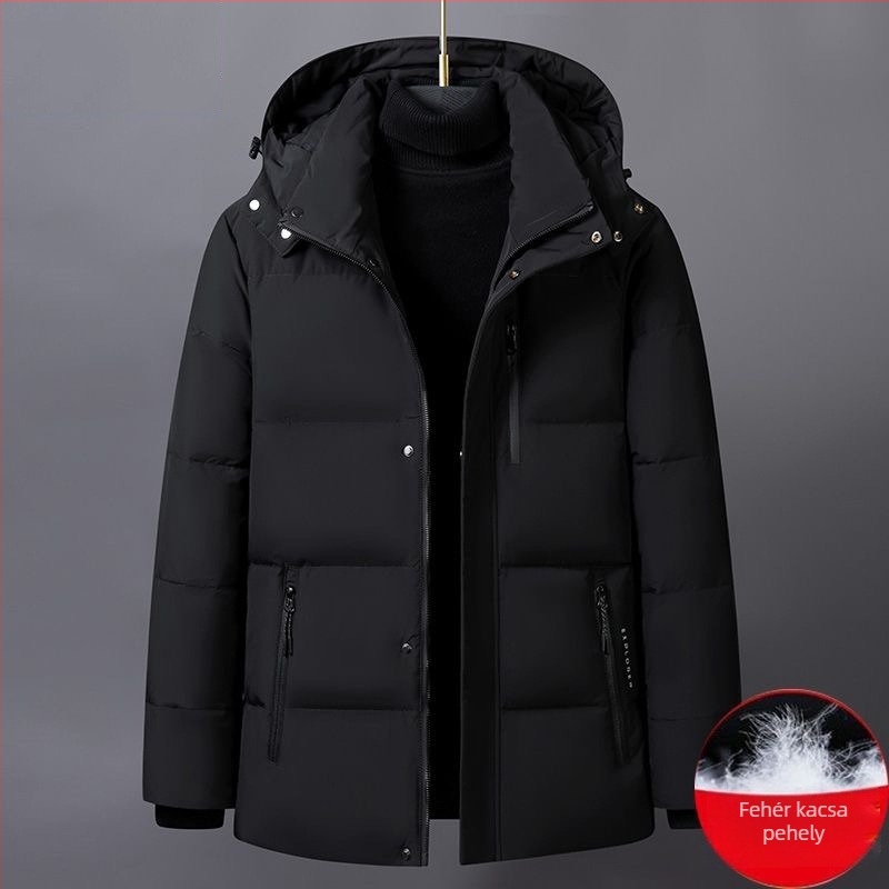Férfi téli kapucnis kabát, 260 g pehelytöltéssel, közepes hosszúságú, cipzár
