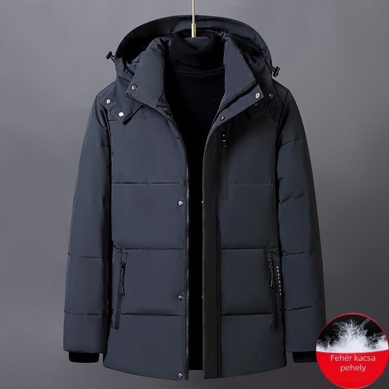Férfi téli kapucnis kabát, 260 g pehelytöltéssel, közepes hosszúságú, cipzár