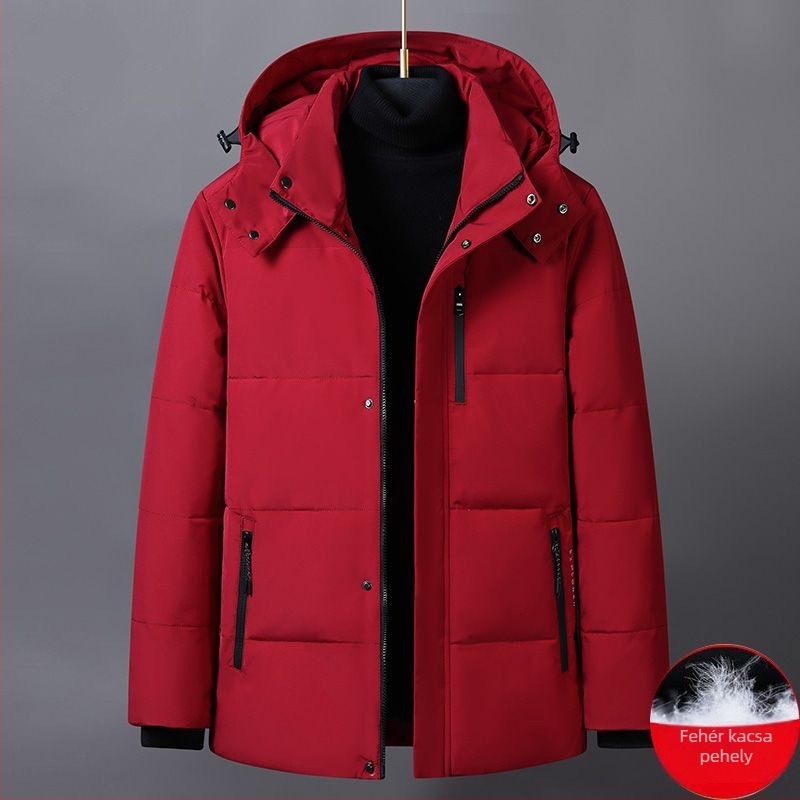 Férfi téli kapucnis kabát, 260 g pehelytöltéssel, közepes hosszúságú, cipzár