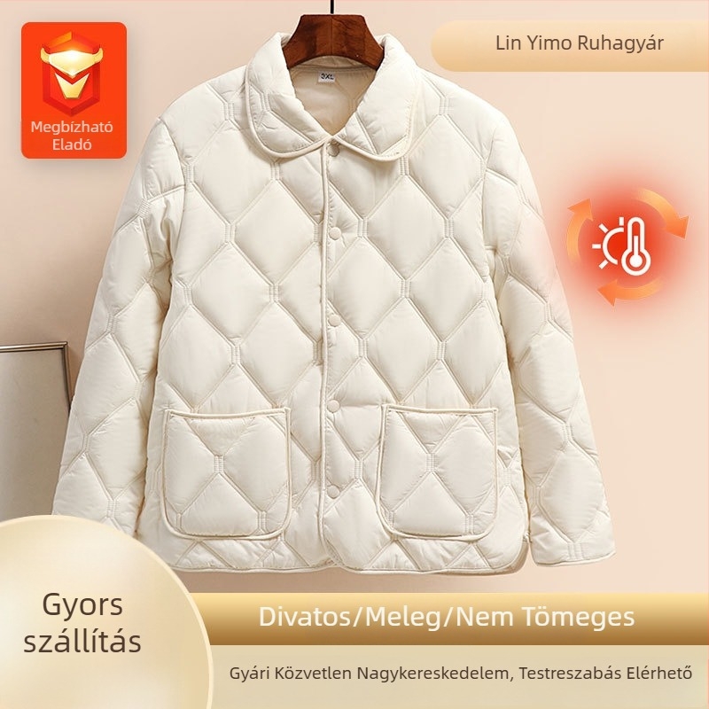 Női kabát gallérral, pehely-pamut töltettel, meleg és könnyű, középkorú és idősebb nőknek