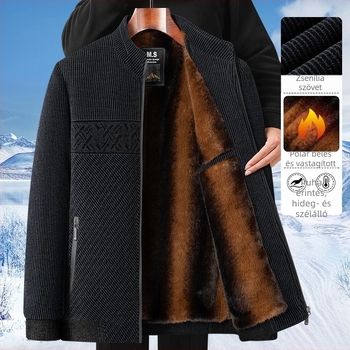 Őszi-téli 2025 Férfi fleece-béléssel vastag télikabát, álló gallérral, cipzáras zsebekkel, egyenes szabás, középhosszú