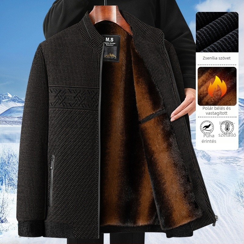 Őszi-téli 2025 Férfi fleece-béléssel vastag télikabát, álló gallérral, cipzáras zsebekkel, egyenes szabás, középhosszú