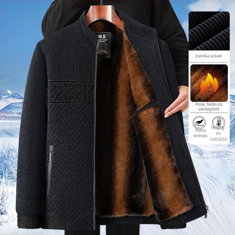 Őszi-téli 2025 Férfi fleece-béléssel vastag télikabát, álló gallérral, cipzáras zsebekkel, egyenes szabás, középhosszú