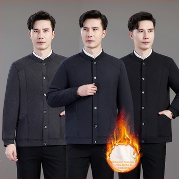 Férfi téli pamut töltetű kabát fleece béléssel, vastag, kapucni nélküli, egyszárnyú gombos záródás