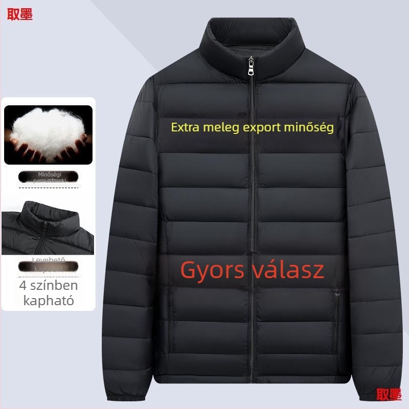 Férfiaknak könnyű fleece-töltéses rövid, bő szabású kabát, casual, meleg, állógalléros, pamut töltettel
