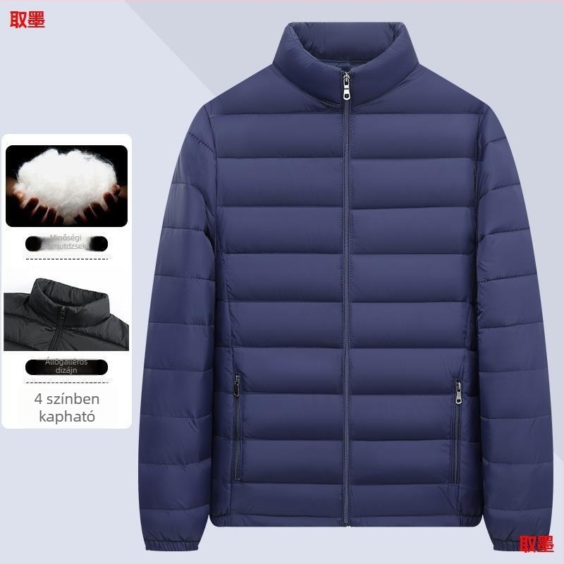 Férfiaknak könnyű fleece-töltéses rövid, bő szabású kabát, casual, meleg, állógalléros, pamut töltettel