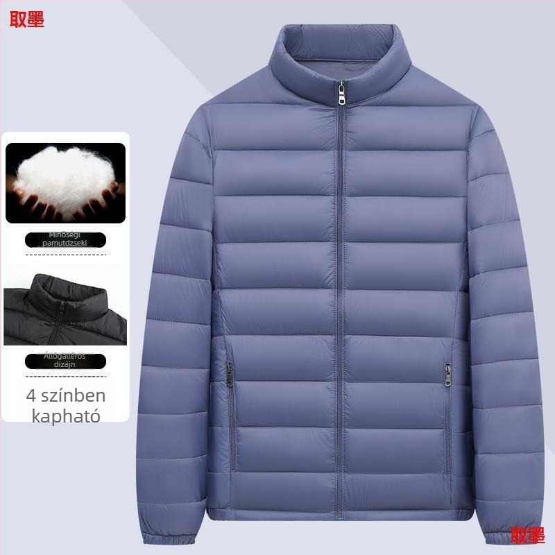 Férfiaknak könnyű fleece-töltéses rövid, bő szabású kabát, casual, meleg, állógalléros, pamut töltettel