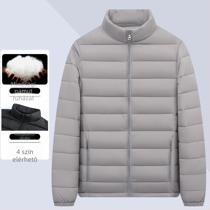 Férfiaknak könnyű fleece-töltéses rövid, bő szabású kabát, casual, meleg, állógalléros, pamut töltettel