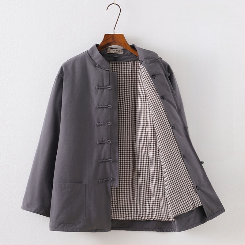 Férfi téli leválasztható pamut Tang öltöny, bő szabású, álló gallér, egysoros gombolás