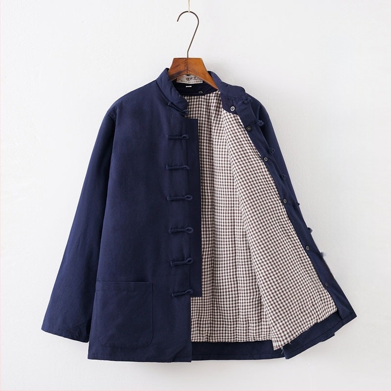 Férfi téli leválasztható pamut Tang öltöny, bő szabású, álló gallér, egysoros gombolás