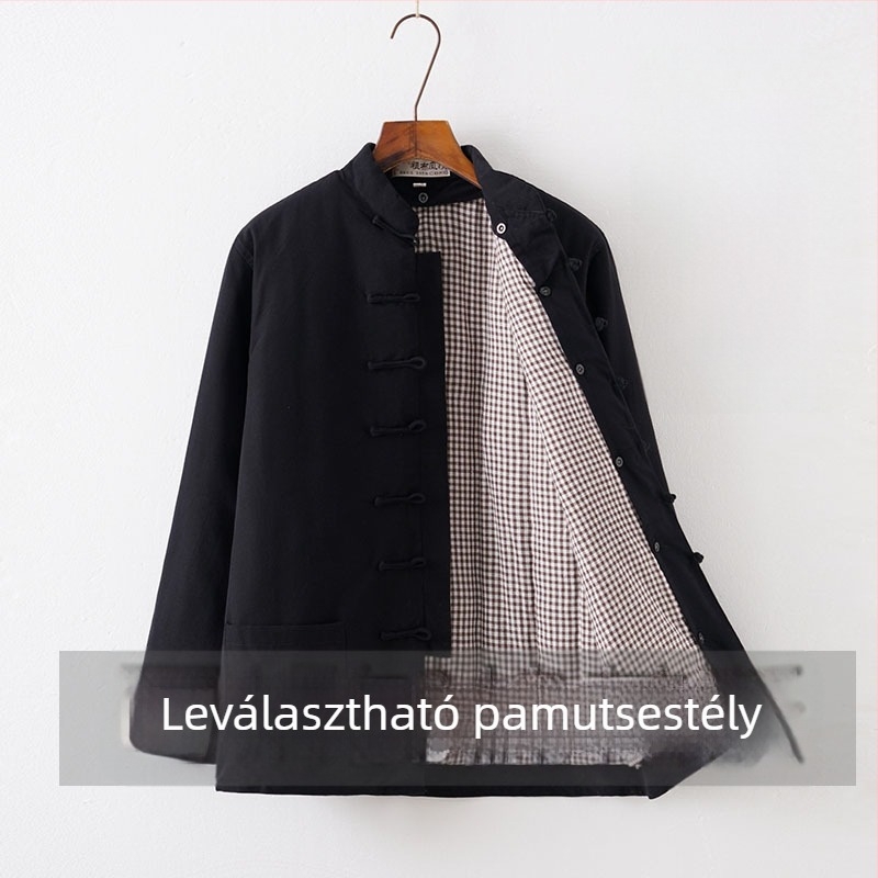 Férfi téli leválasztható pamut Tang öltöny, bő szabású, álló gallér, egysoros gombolás