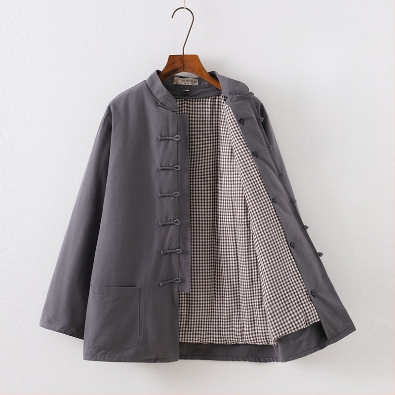 Férfi téli leválasztható pamut Tang öltöny, bő szabású, álló gallér, egysoros gombolás