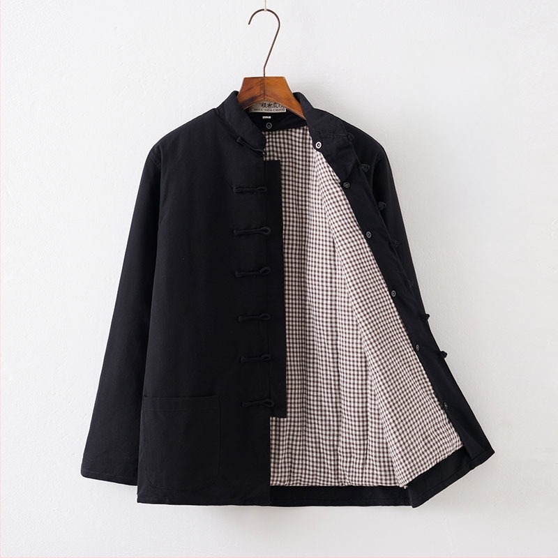 Férfi téli leválasztható pamut Tang öltöny, bő szabású, álló gallér, egysoros gombolás