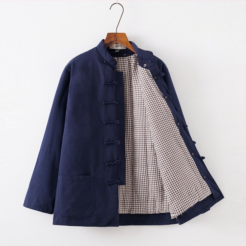 Férfi téli leválasztható pamut Tang öltöny, bő szabású, álló gallér, egysoros gombolás