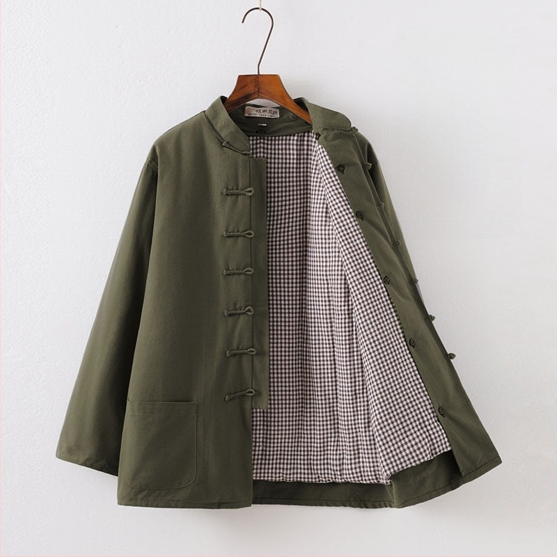 Férfi téli leválasztható pamut Tang öltöny, bő szabású, álló gallér, egysoros gombolás