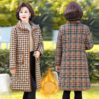 Chenille pamut-töltött kabát fleece béléssel, kockás mintával, polo gallér