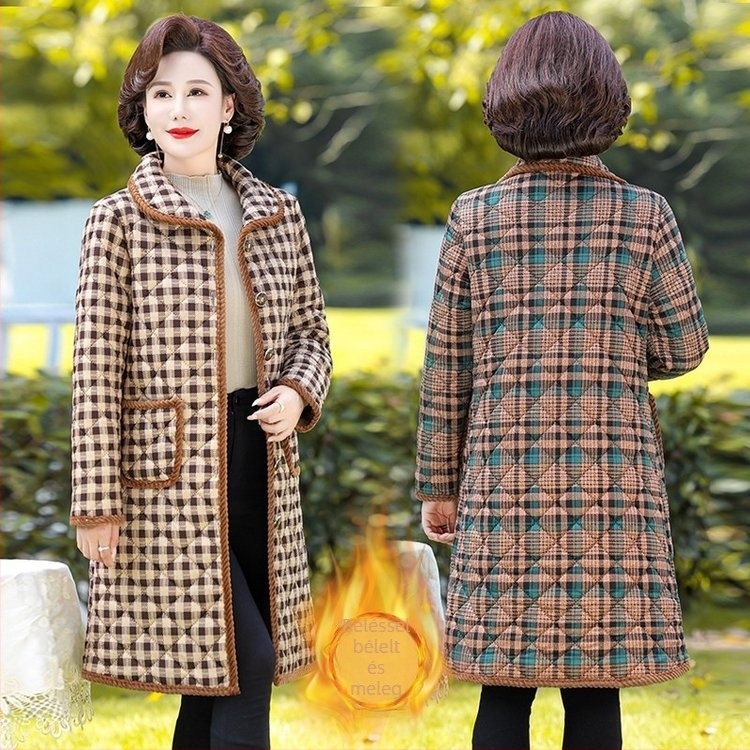 Chenille pamut-töltött kabát fleece béléssel, kockás mintával, polo gallér