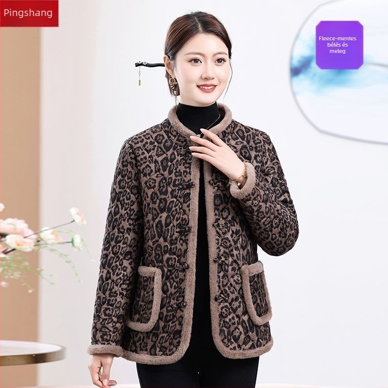 Női téli kabát vastag poliészter-pamut töltelékkel, virágos leopard mintázat, álló gallér műszőrme részzel, snap gombos zárás