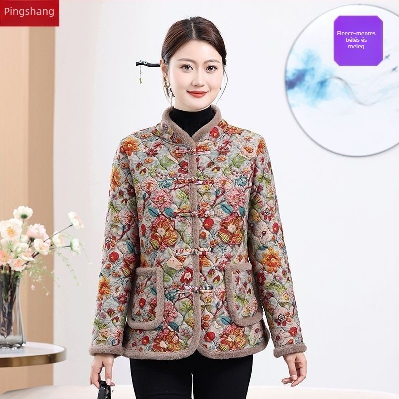 Női téli kabát vastag poliészter-pamut töltelékkel, virágos leopard mintázat, álló gallér műszőrme részzel, snap gombos zárás