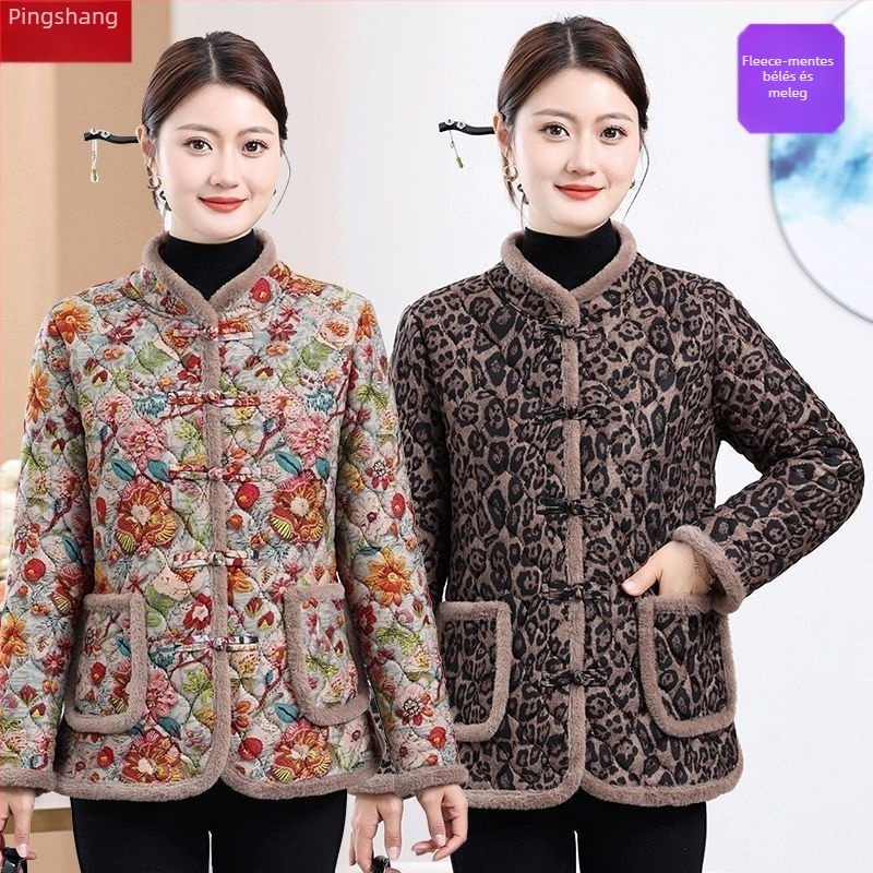 Női téli kabát vastag poliészter-pamut töltelékkel, virágos leopard mintázat, álló gallér műszőrme részzel, snap gombos zárás