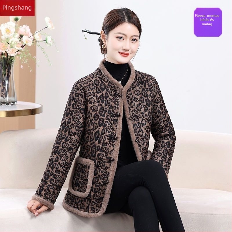 Női téli kabát vastag poliészter-pamut töltelékkel, virágos leopard mintázat, álló gallér műszőrme részzel, snap gombos zárás