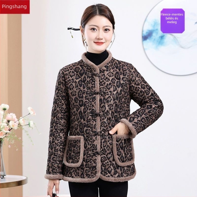 Női téli kabát vastag poliészter-pamut töltelékkel, virágos leopard mintázat, álló gallér műszőrme részzel, snap gombos zárás