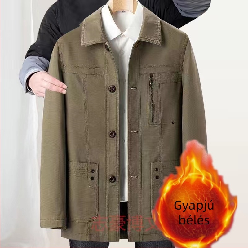 Férfi pamut dzseki tavasz-őszre, üzleti-casual külső, galléros, gombos záródás, középhosszú, hosszú ujjak, három külső zsebbel.