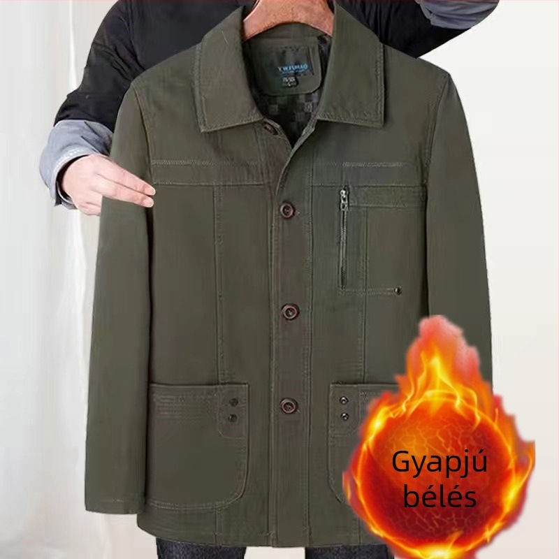 Férfi pamut dzseki tavasz-őszre, üzleti-casual külső, galléros, gombos záródás, középhosszú, hosszú ujjak, három külső zsebbel.