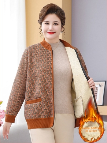 Plusz méret téli kötött kabát fleece béléssel, vastag és meleg, középkorú és idős nők számára, elegáns laza szabású cipzárral