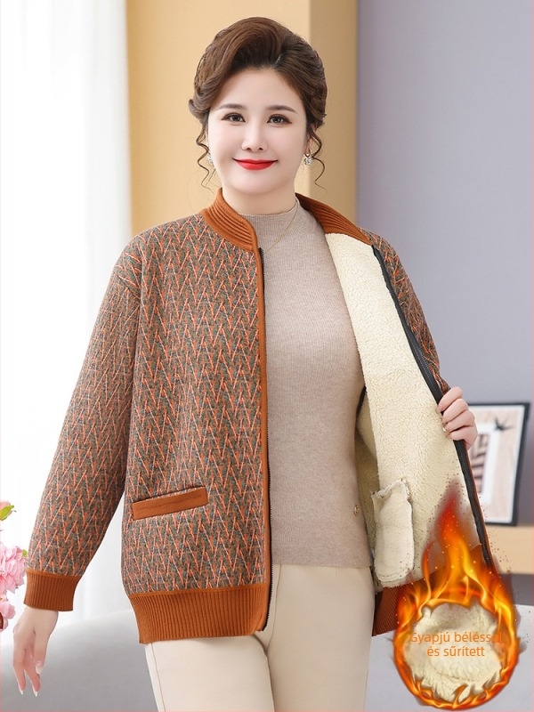 Plusz méret téli kötött kabát fleece béléssel, vastag és meleg, középkorú és idős nők számára, elegáns laza szabású cipzárral