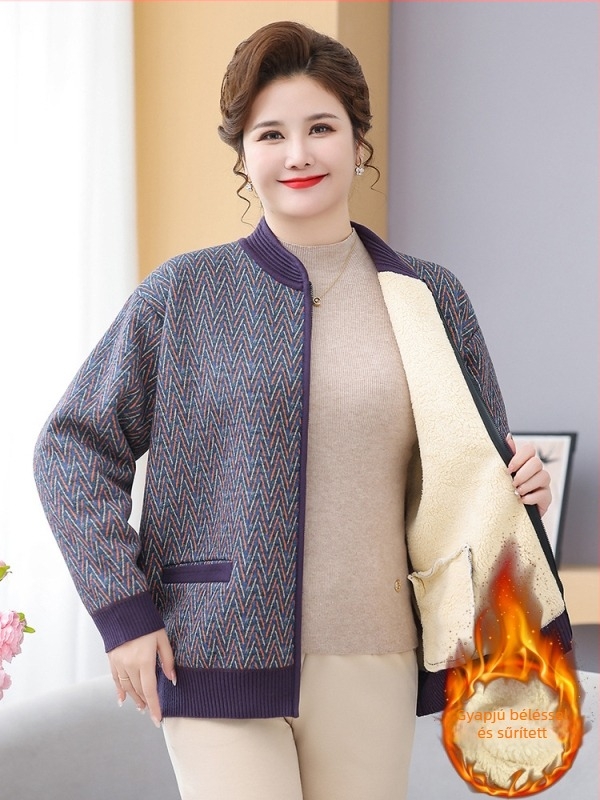 Plusz méret téli kötött kabát fleece béléssel, vastag és meleg, középkorú és idős nők számára, elegáns laza szabású cipzárral
