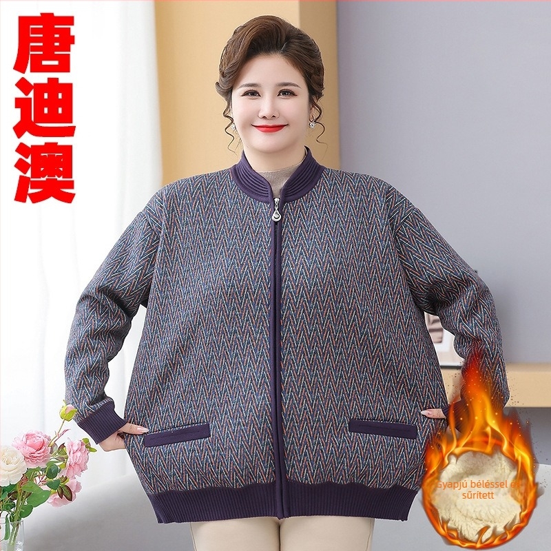 Plusz méret téli kötött kabát fleece béléssel, vastag és meleg, középkorú és idős nők számára, elegáns laza szabású cipzárral