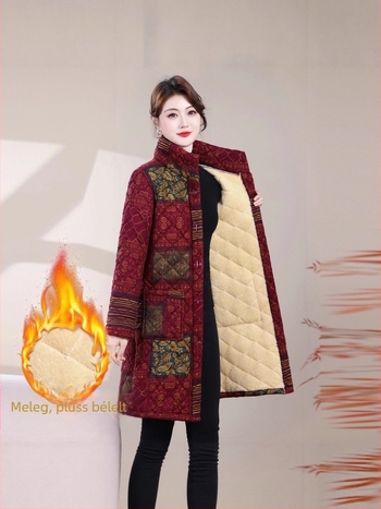 Női pamut töltött kabát fleece béléssel, hosszú fazon, hosszú ujjak, polo gallér