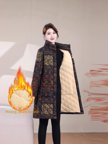 Női pamut töltött kabát fleece béléssel, hosszú fazon, hosszú ujjak, polo gallér