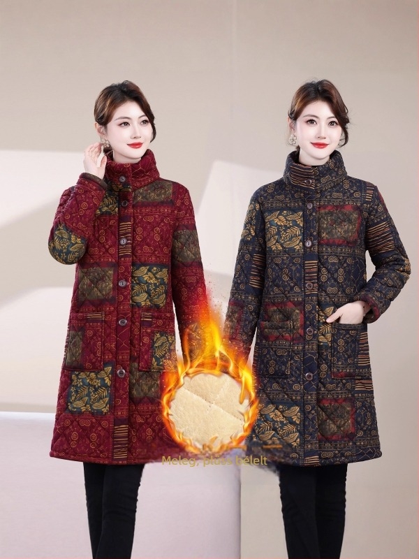 Női pamut töltött kabát fleece béléssel, hosszú fazon, hosszú ujjak, polo gallér