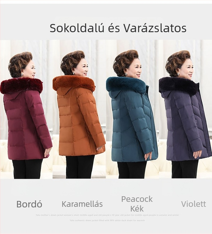 Lansyu női tollkabát, középhosszú, bundás gallér, fehér kacsa tolltöltet, kasmír 86–90%, poliészter anyag, laza szabás