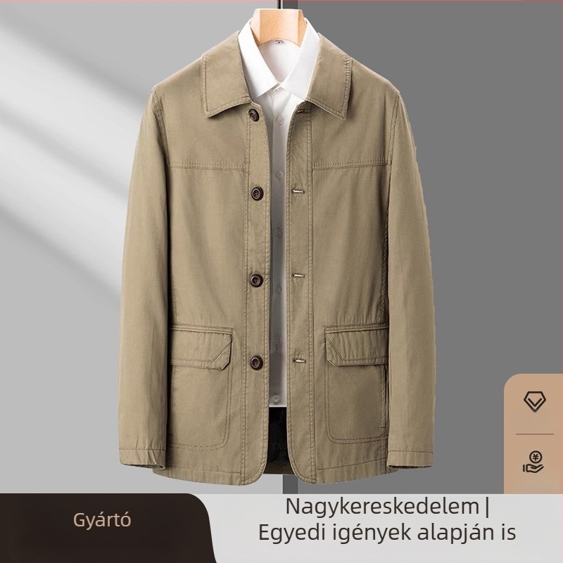 Férfi 100% pamut kabát tavasz-őszre, könnyű üzleti stílus, laza szabás, galléros, oldalsó zsebek
