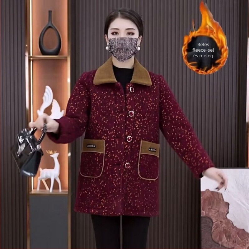 Winter 2024 kockás galléros kabát középkorú és idősebb nőknek, nyugati stílusú városi külső ruházat