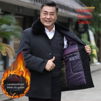 Őszi-téli pamutkabát idős férfiaknak levehető szőrme gallérral, kamélszőr töltettel és belső bélésével, vastag poliészter anyag