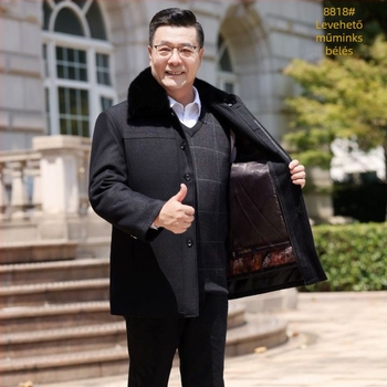 Őszi-téli pamutkabát idős férfiaknak levehető szőrme gallérral, kamélszőr töltettel és belső bélésével, vastag poliészter anyag