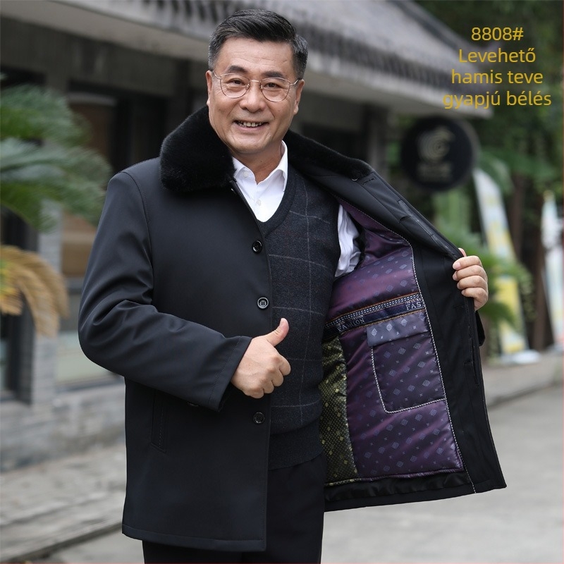 Őszi-téli pamutkabát idős férfiaknak levehető szőrme gallérral, kamélszőr töltettel és belső bélésével, vastag poliészter anyag