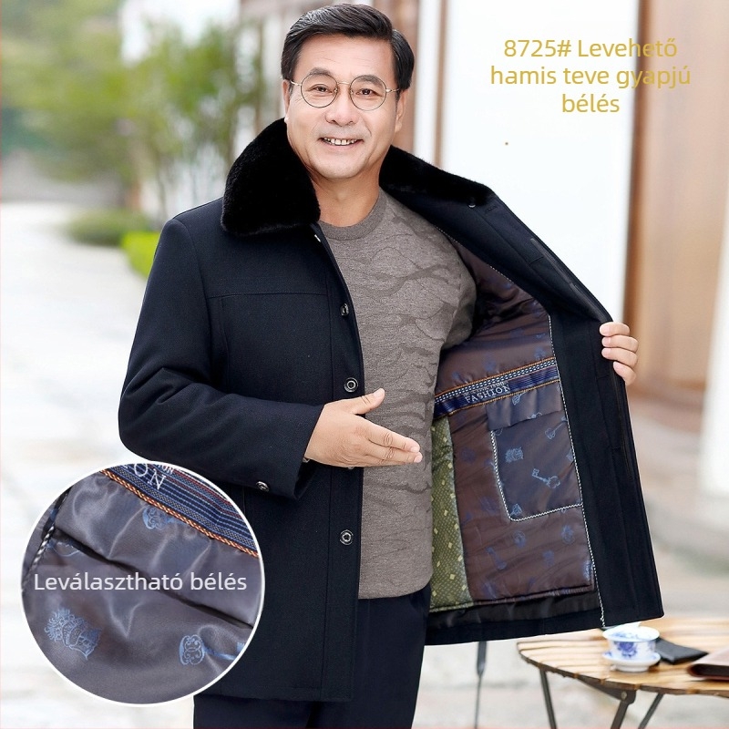 Őszi-téli pamutkabát idős férfiaknak levehető szőrme gallérral, kamélszőr töltettel és belső bélésével, vastag poliészter anyag