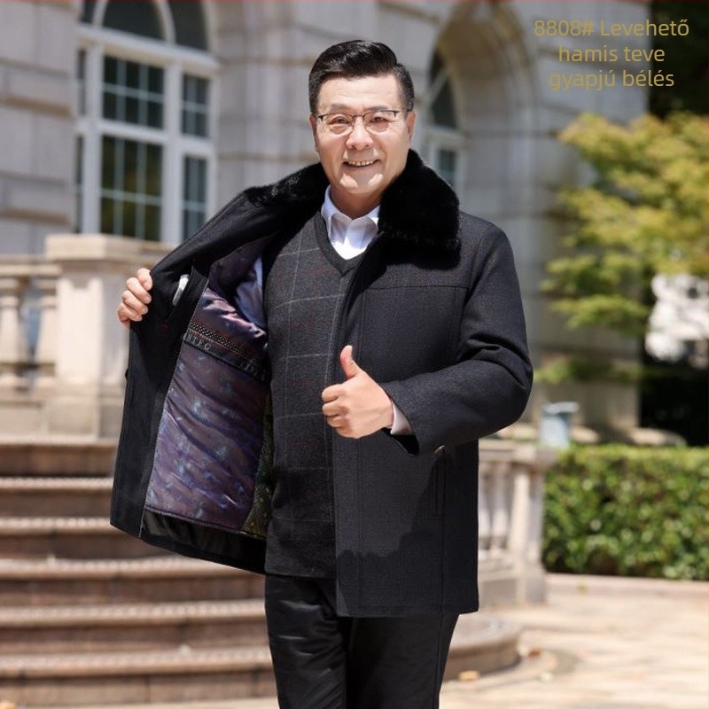 Őszi-téli pamutkabát idős férfiaknak levehető szőrme gallérral, kamélszőr töltettel és belső bélésével, vastag poliészter anyag