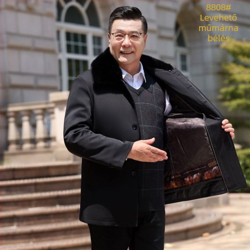 Őszi-téli pamutkabát idős férfiaknak levehető szőrme gallérral, kamélszőr töltettel és belső bélésével, vastag poliészter anyag