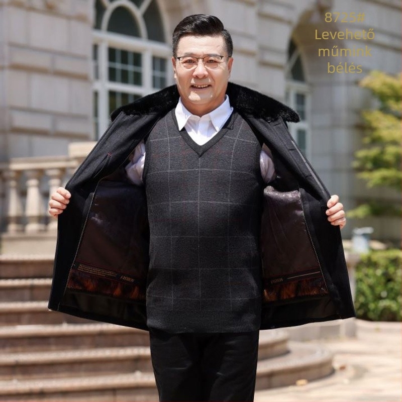 Őszi-téli pamutkabát idős férfiaknak levehető szőrme gallérral, kamélszőr töltettel és belső bélésével, vastag poliészter anyag